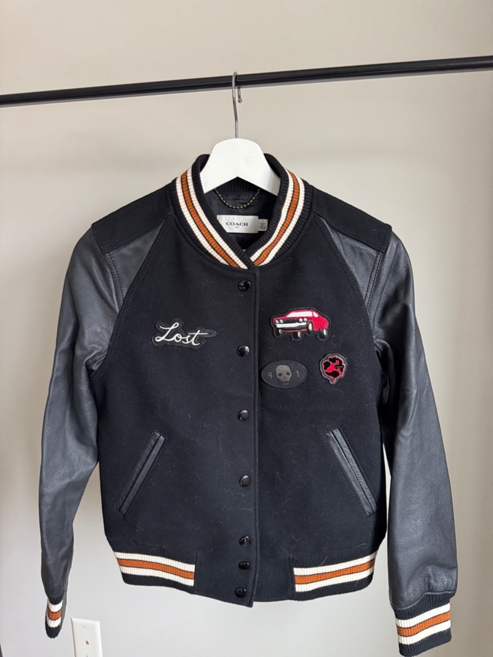 Coach Black Wool and Leather Varsity Jacket with Red Car Patch
